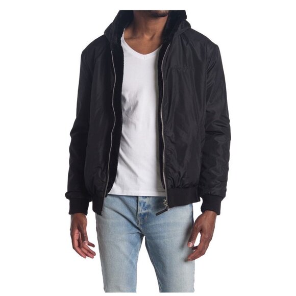 Sean John Mens Black Full Zipper Hooded Faux Shearling  Bomber Jacket Sz XXL New - Picture 1 of 7